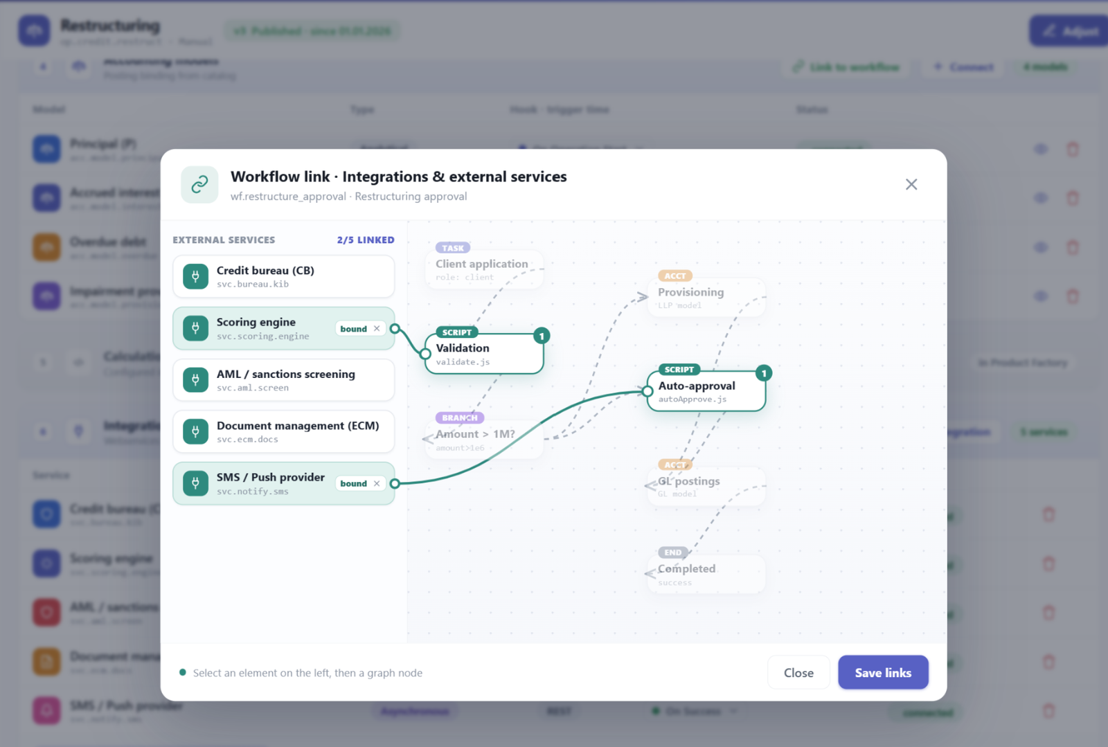 AnyLedger Services Foundry — linking external services (scoring, AML, documents, notifications) to workflow steps, no integrator required