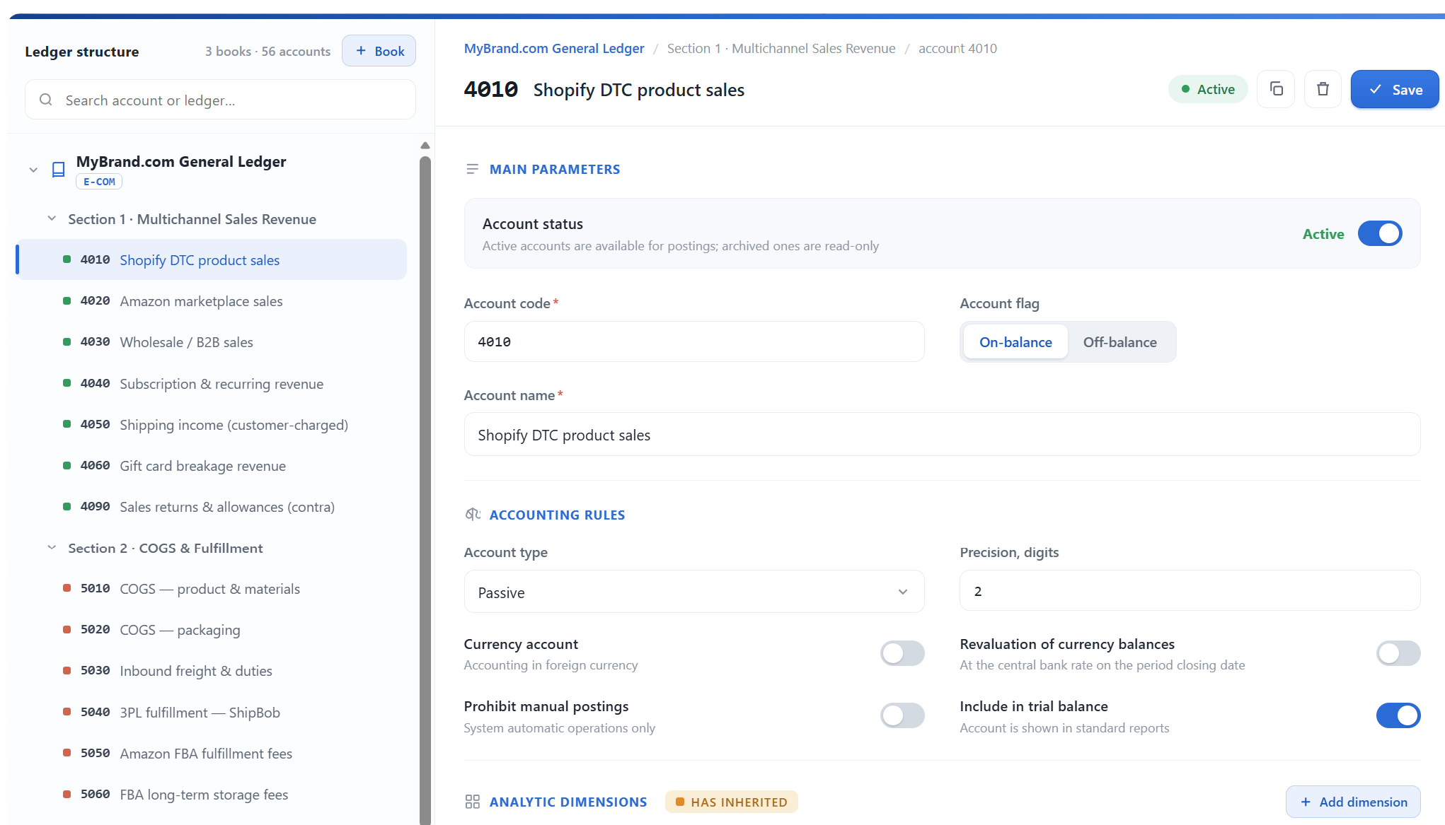 anyLedger ledger structure: MyBrand.com General Ledger with multichannel revenue and COGS accounts, and account setup with accounting rules and analytic dimensions